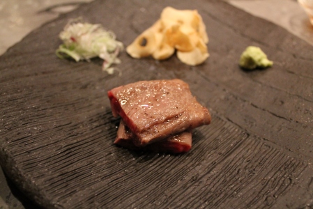 Japanese So-o beef from Kagoshima Prefecture with fresh wasabi and citrus soy.